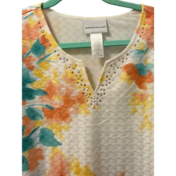 Alfred Dunner Floral Textured Knit Top W/ Rhinestone Accents & Notched Neck Sz L - Picture 5 of 12